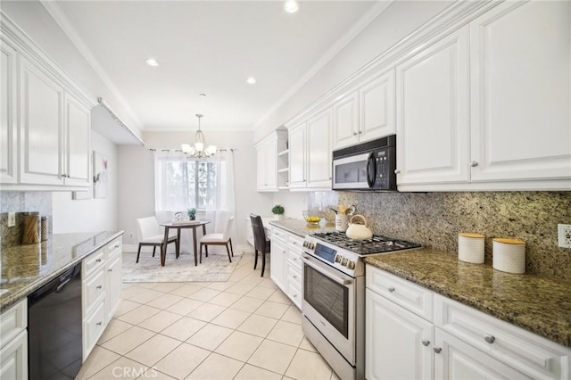 kitchen with white cabinetry, tasteful backsplash, black appliances, and dark stone countertops