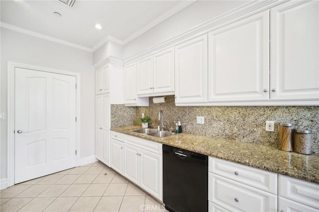 kitchen with white cabinetry, dishwasher, sink, and dark stone countertops