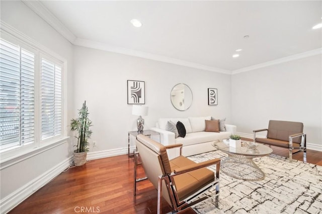 living room with crown molding and wood-type flooring