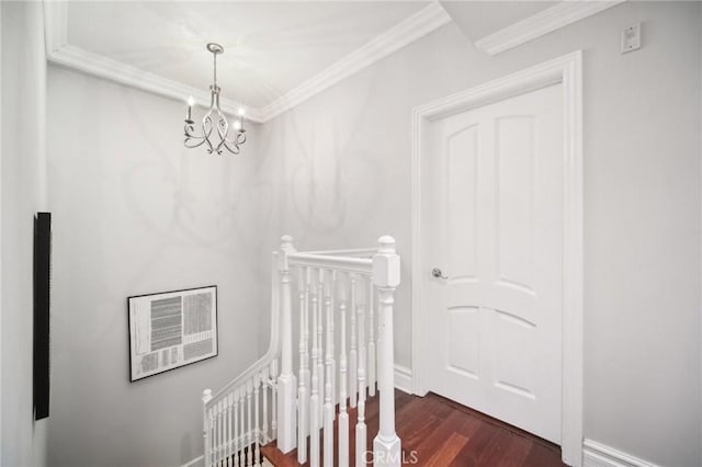 staircase featuring crown molding, wood-type flooring, and an inviting chandelier