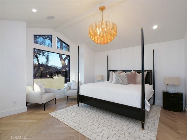 bedroom with parquet flooring, vaulted ceiling with beams, and an inviting chandelier