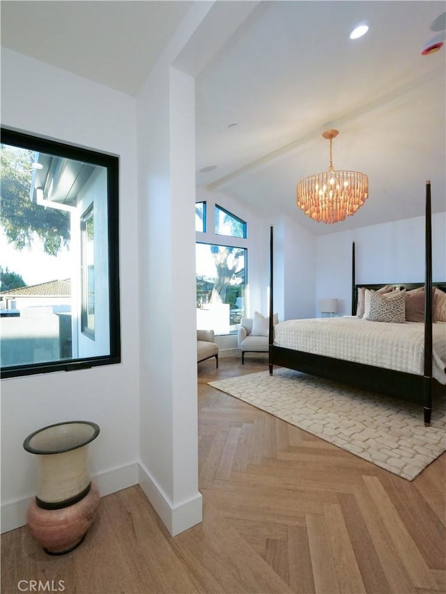 unfurnished bedroom with parquet floors, lofted ceiling with beams, and a chandelier