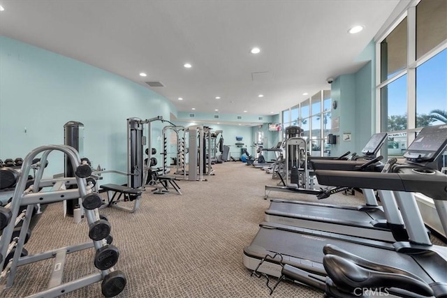 exercise room featuring floor to ceiling windows