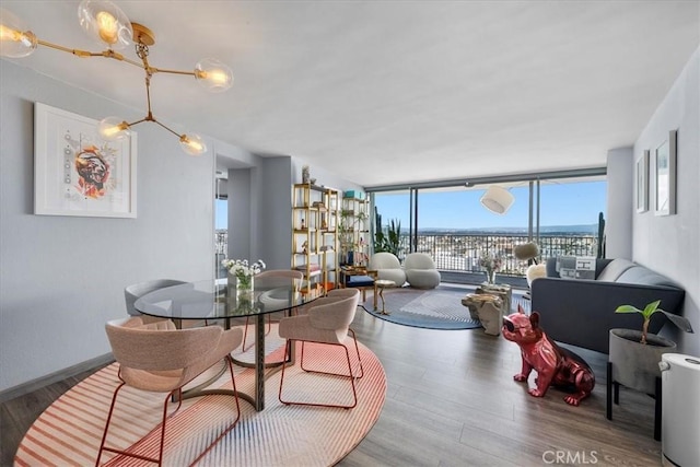 dining space featuring expansive windows and hardwood / wood-style flooring