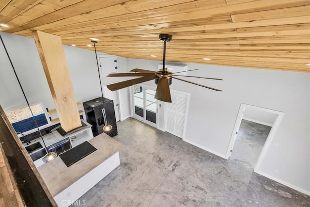 unfurnished living room featuring wood ceiling, ceiling fan, lofted ceiling, and concrete flooring