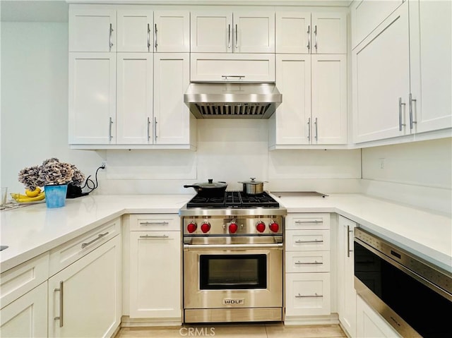 kitchen featuring stainless steel appliances, white cabinetry, and exhaust hood