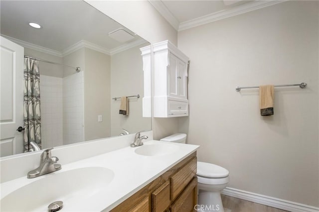 bathroom with wood-type flooring, toilet, vanity, walk in shower, and crown molding