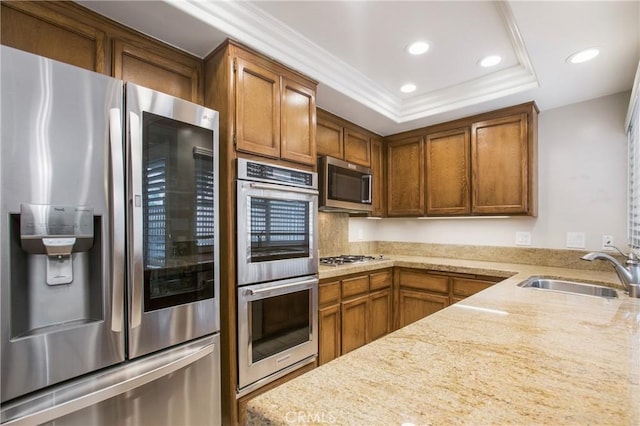 kitchen with a raised ceiling, light stone countertops, appliances with stainless steel finishes, and sink