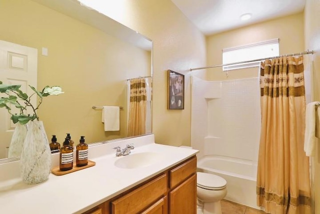 full bathroom featuring vanity, toilet, tile patterned flooring, and shower / bath combo with shower curtain