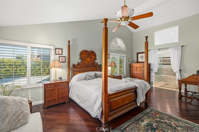 bedroom with vaulted ceiling, dark hardwood / wood-style floors, and ceiling fan