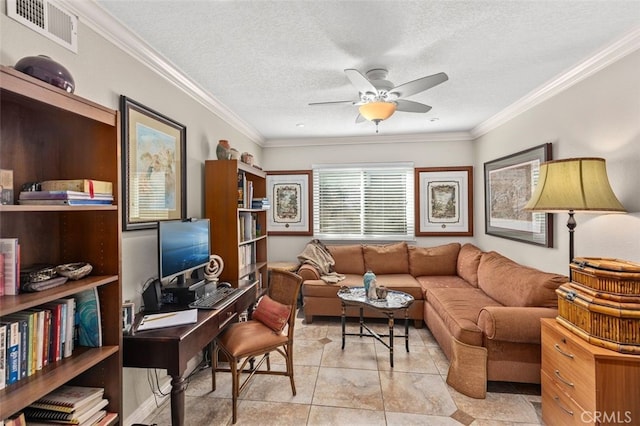 tiled living room with ornamental molding, ceiling fan, and a textured ceiling