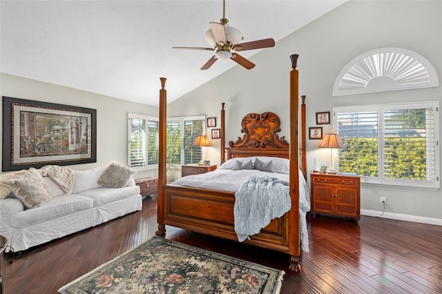 bedroom featuring ceiling fan, dark hardwood / wood-style floors, and high vaulted ceiling