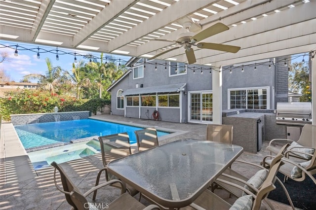 view of swimming pool with area for grilling, a patio area, grilling area, and a pergola