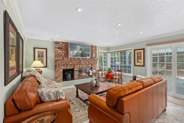 tiled living room with a fireplace, ornamental molding, and a textured ceiling