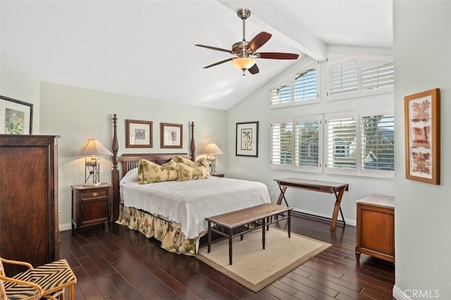 bedroom with vaulted ceiling with beams and dark hardwood / wood-style floors