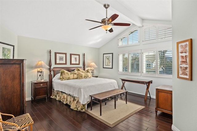 bedroom featuring baseboards, high vaulted ceiling, dark wood-style floors, and beam ceiling