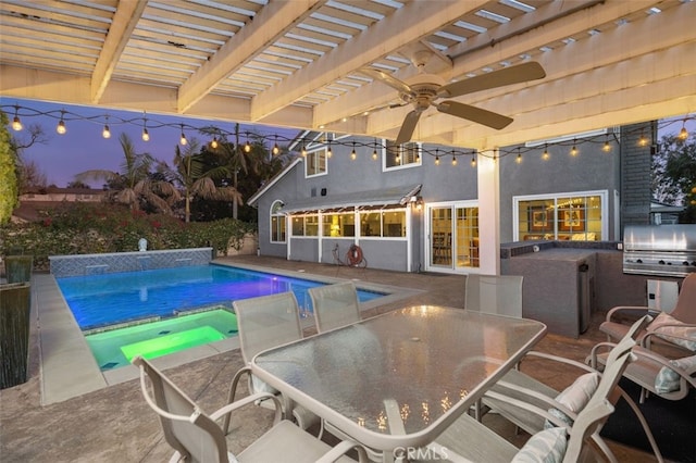 outdoor pool featuring a pergola, area for grilling, an outdoor kitchen, a ceiling fan, and outdoor dining space