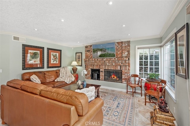 tiled living room with a brick fireplace, crown molding, and a textured ceiling