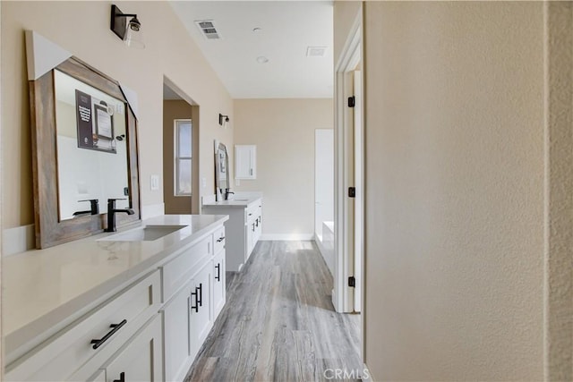 bathroom with vanity, wood-type flooring, and a washtub