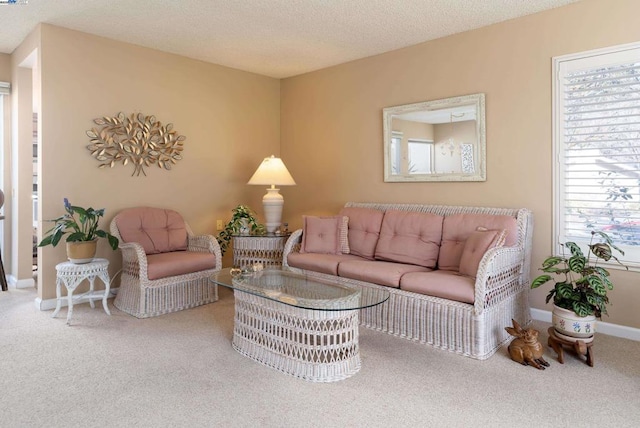 living room with carpet flooring and a textured ceiling