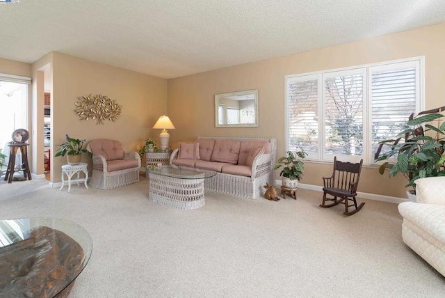 living room featuring carpet and a textured ceiling