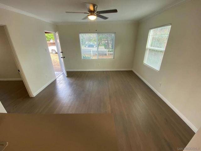 empty room featuring crown molding, dark hardwood / wood-style floors, and ceiling fan