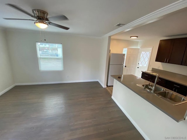 kitchen featuring dark brown cabinetry, sink, ornamental molding, dark hardwood / wood-style flooring, and white fridge