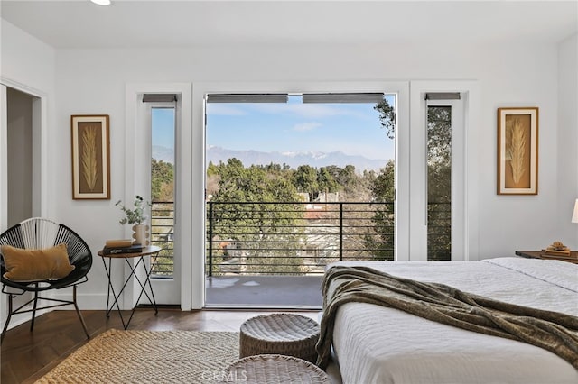 bedroom featuring access to outside and dark parquet floors