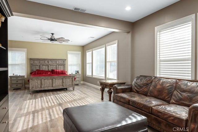 bedroom featuring ceiling fan and light wood-type flooring