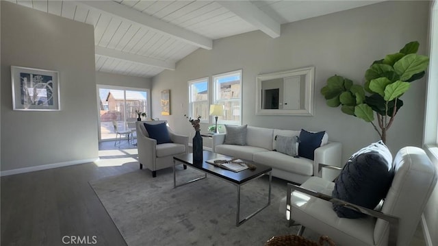 living room with dark hardwood / wood-style flooring and vaulted ceiling with beams