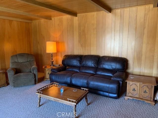 14650 Pearl Ave, Clearlake, CA 95422 - living room featuring carpet flooring, a wood ceiling with exposed beams, and wooden walls