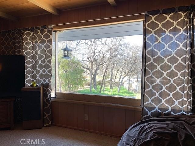 14650 Pearl Ave, Clearlake, CA 95422 - carpeted bedroom featuring a wood ceiling with exposed beams and wood walls