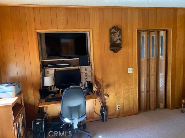 office area with carpet flooring and wood walls