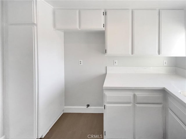 kitchen with white cabinetry and dark hardwood / wood-style floors