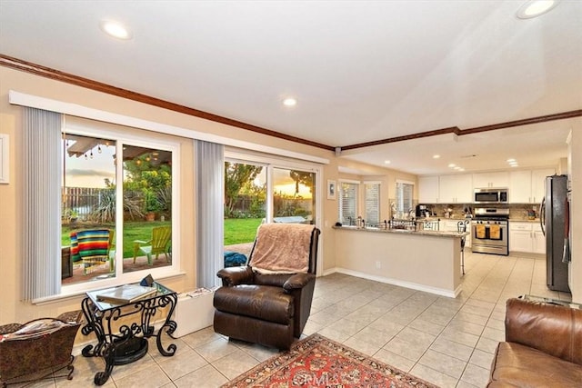 tiled living room with crown molding