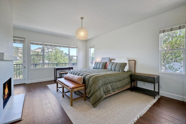 bedroom featuring multiple windows, wood-type flooring, and access to exterior