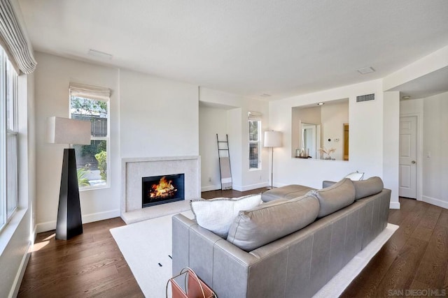 living room featuring dark wood-type flooring and a fireplace