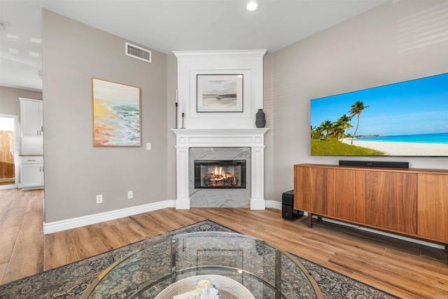 living room with hardwood / wood-style floors and a high end fireplace