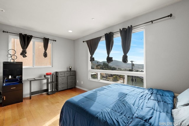 bedroom with a mountain view and light wood-type flooring