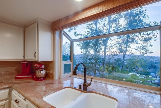 interior details featuring a mountain view, sink, and white cabinets