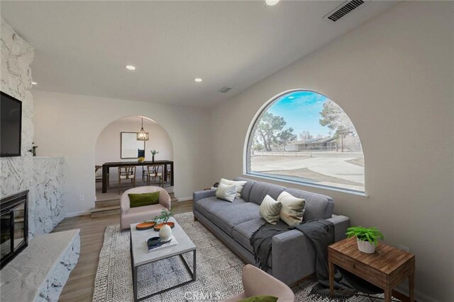 living room featuring a premium fireplace and light wood-type flooring