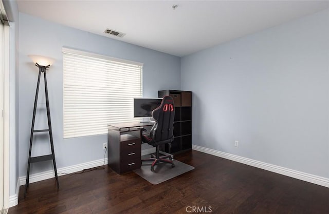 home office featuring dark wood-type flooring