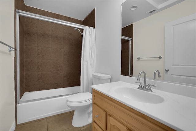 full bathroom featuring shower / tub combo with curtain, tile patterned floors, toilet, and vanity