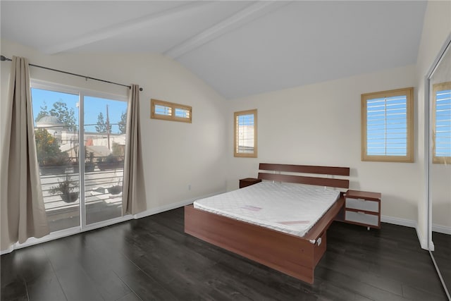 unfurnished bedroom with dark hardwood / wood-style flooring, lofted ceiling with beams, and multiple windows