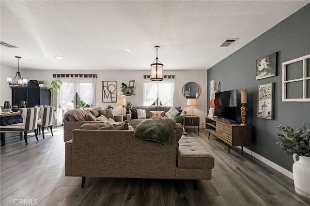 living room with a textured ceiling and dark hardwood / wood-style flooring