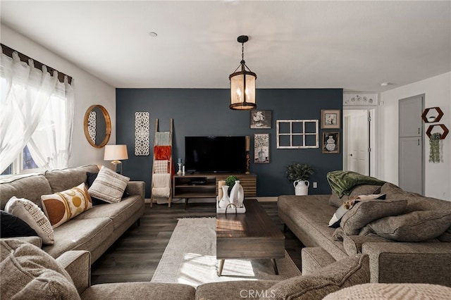 living room with dark wood-type flooring