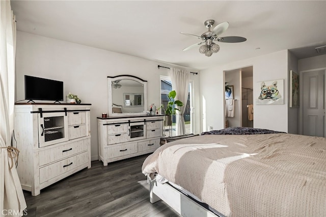 bedroom featuring dark hardwood / wood-style floors and ceiling fan