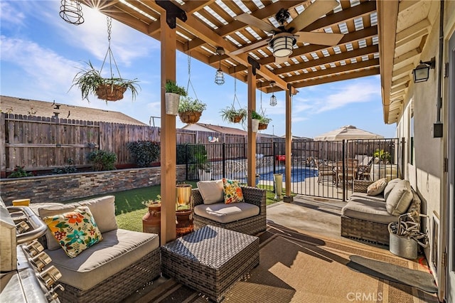 view of patio with an outdoor living space, a fenced in pool, ceiling fan, and a pergola