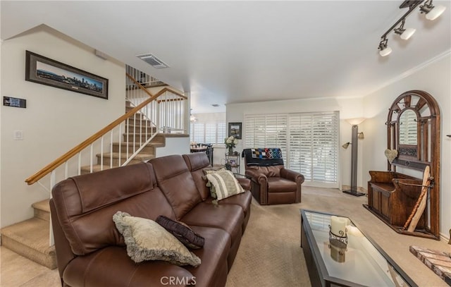 carpeted living room featuring track lighting