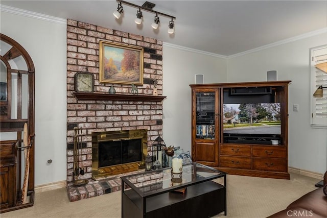 living room featuring light carpet, a brick fireplace, and ornamental molding